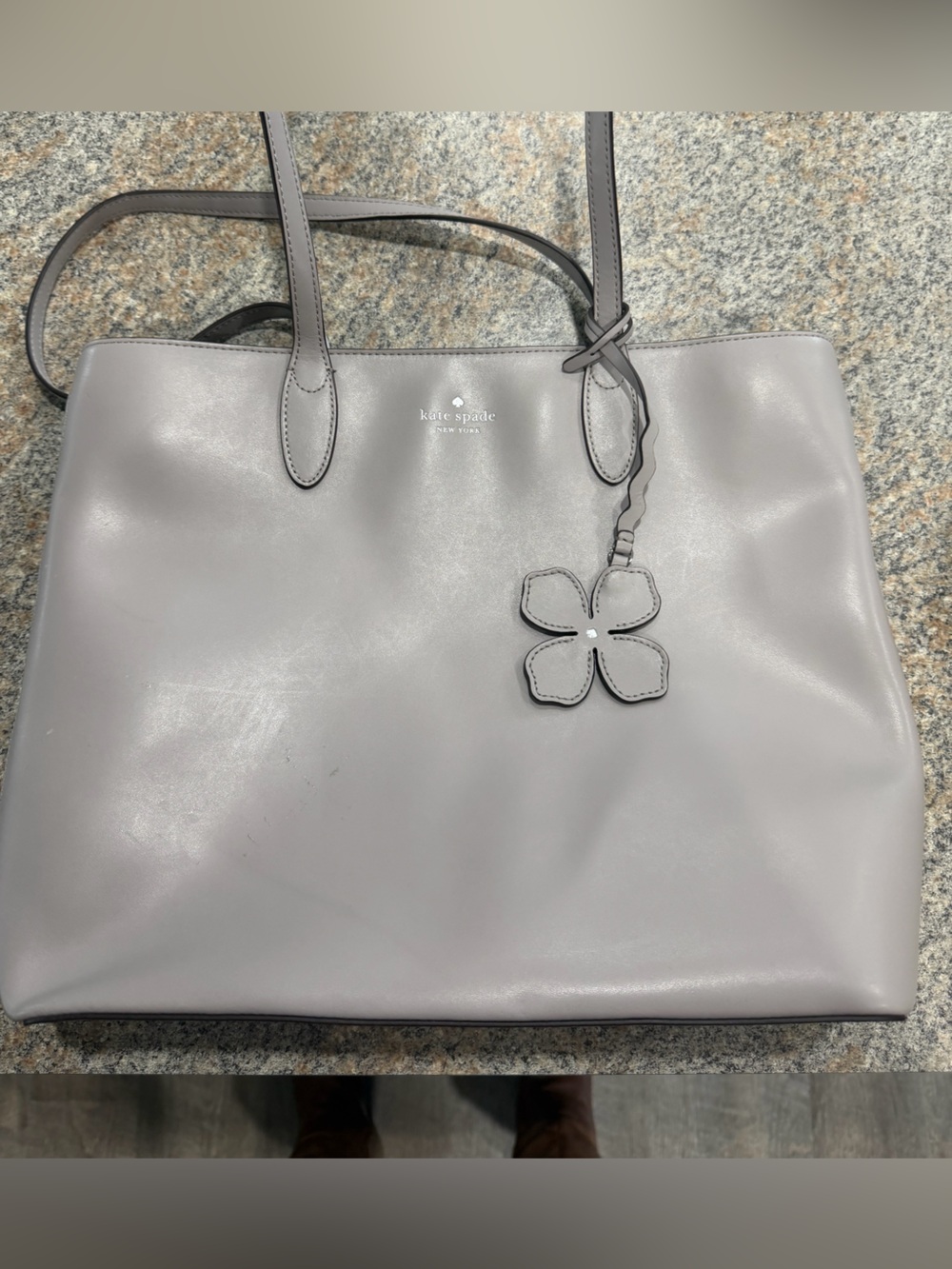 kate spade Smooth Grey Leather Tote with Floral Charm